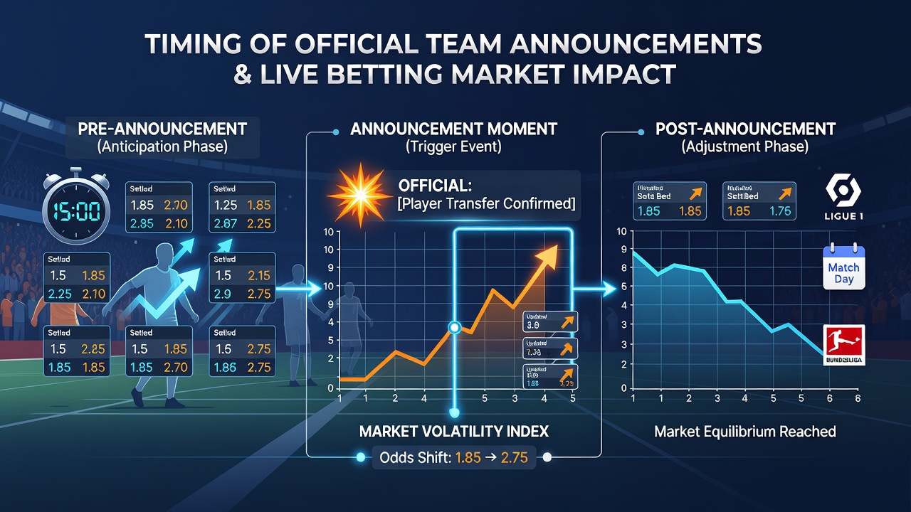 Live betting interface showing odds changes after a team announcement in a football match