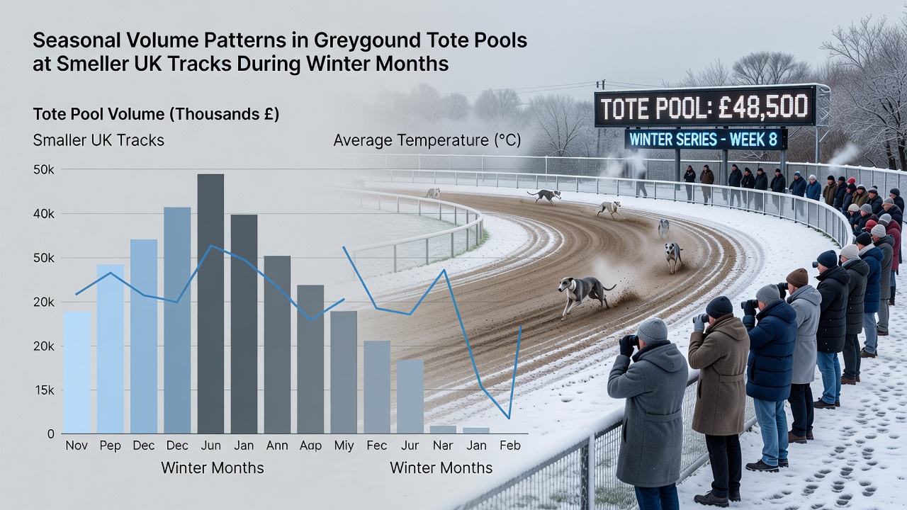 Tote pool displays and betting activity at a compact UK greyhound track on a winter evening